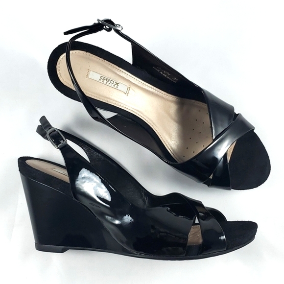 GEOX Respira Black Patent Leather Slingback Wedge Sandals Size 9 - Picture 1 of 15
